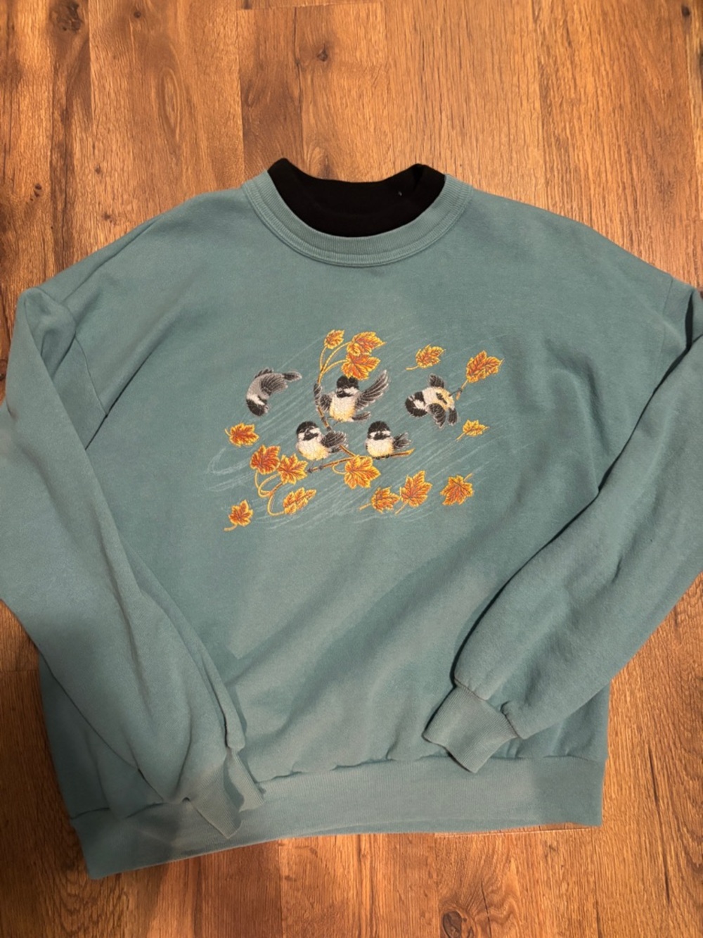 Vintage Teal Crewneck Sweatshirt with Autumn Bird Embroidery